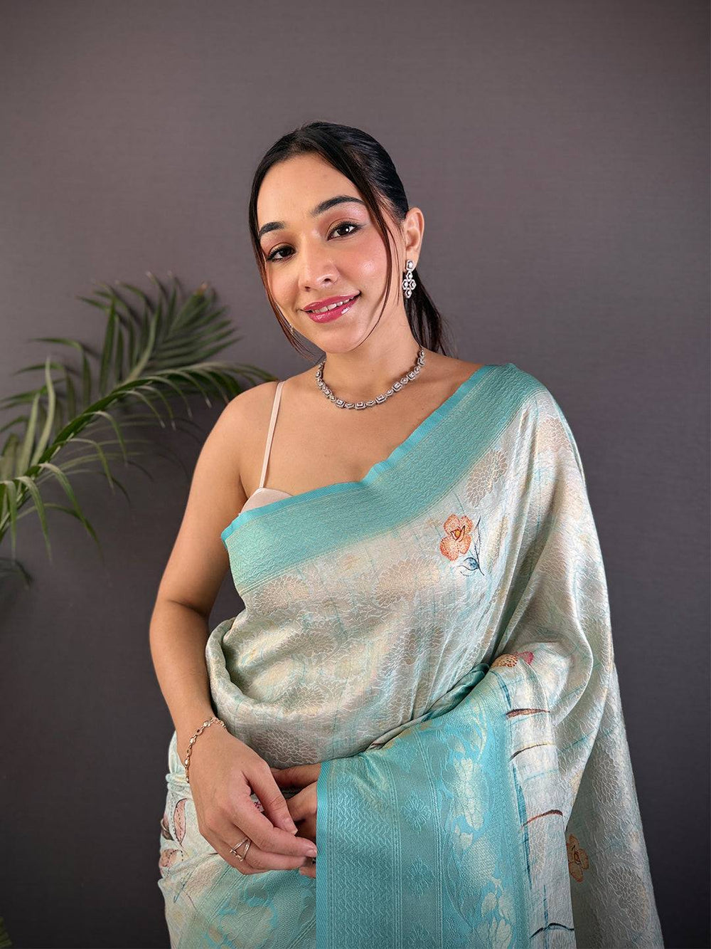 Mint Blue Soft Silk Saree with Subtle Floral Print & Zari Border
