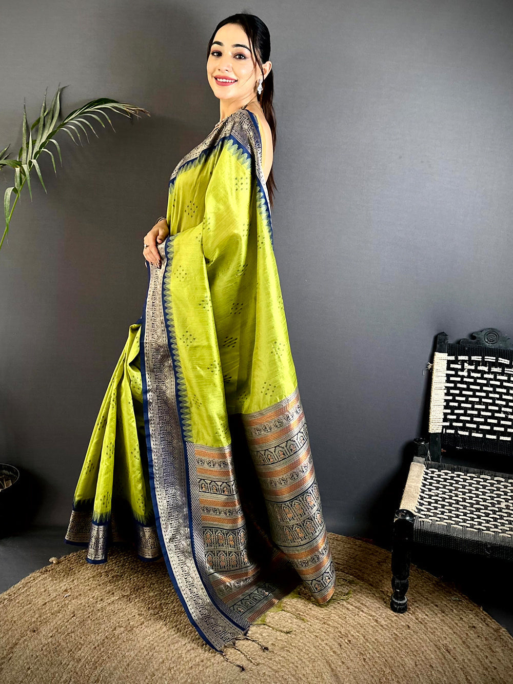 Lime Green Soft Silk Saree with Silver Blue Zari Border & Temple Design Pallu