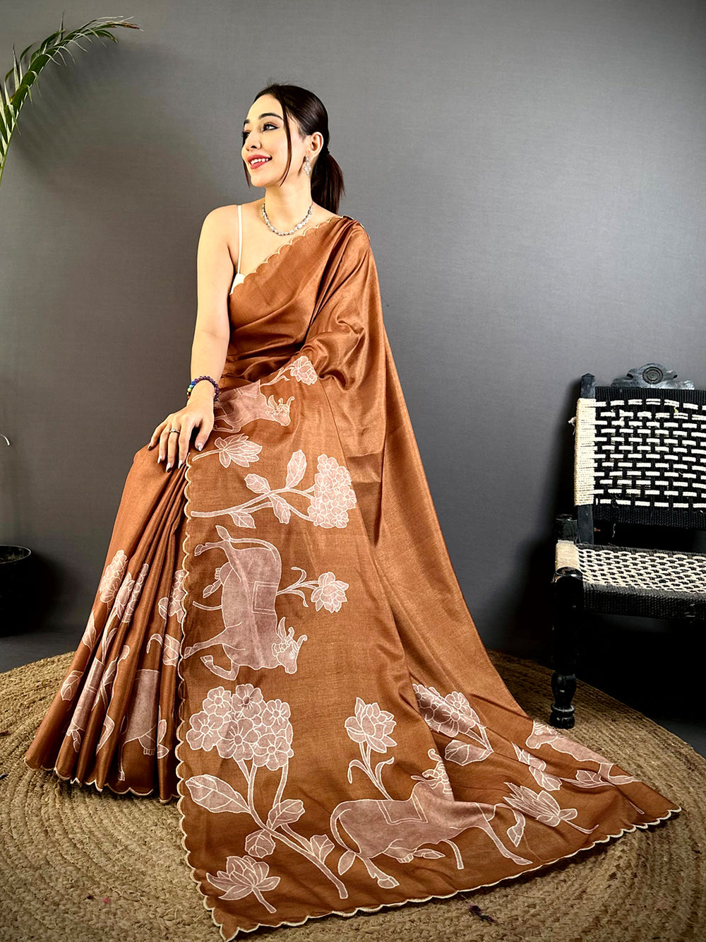 Handcrafted Brown Linen Saree with Ivory Floral Embroidery & Scalloped Border