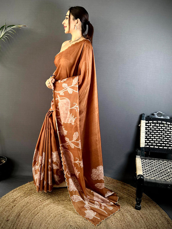 Handcrafted Brown Linen Saree with Ivory Floral Embroidery & Scalloped Border