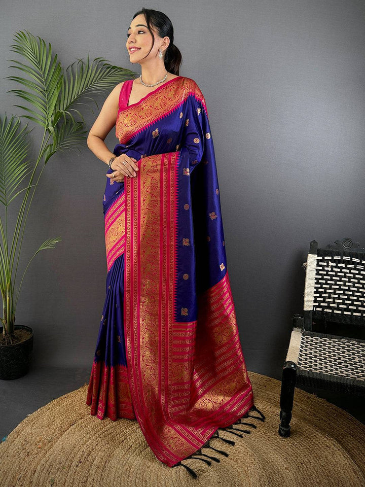Royal Blue Banarasi Silk Saree with Pink Zari Border & Rich Pallu