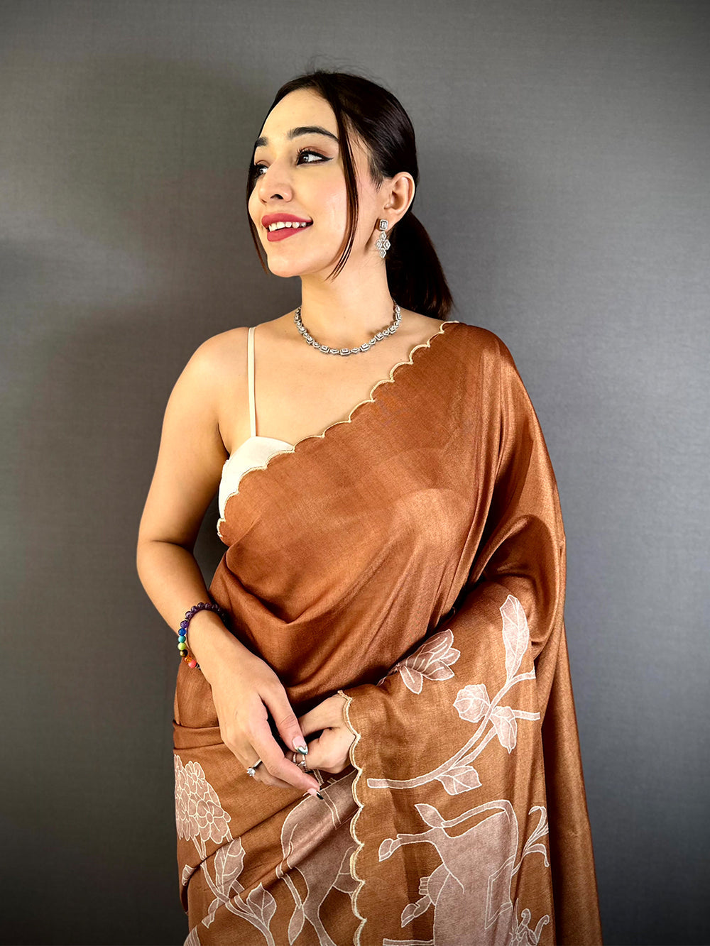 Handcrafted Brown Linen Saree with Ivory Floral Embroidery & Scalloped Border