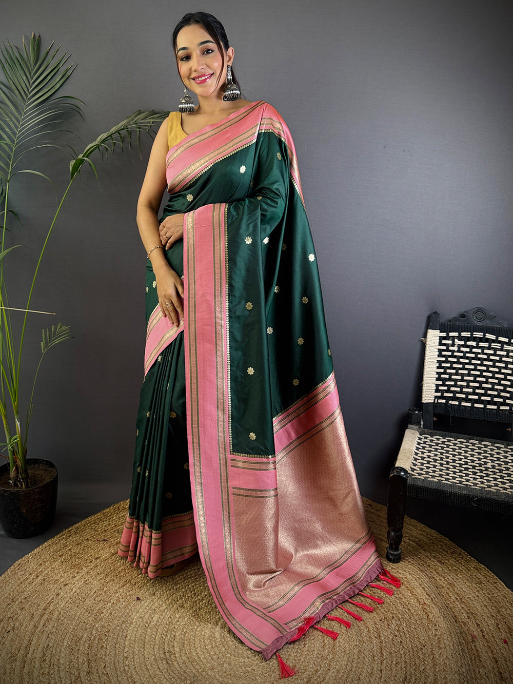 Dark Green Silk Saree with Pink Zari Border & Tassels
