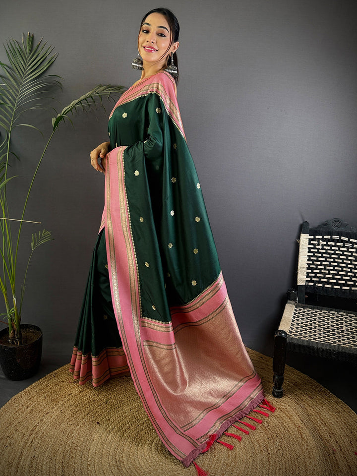 Dark Green Silk Saree with Pink Zari Border & Tassels