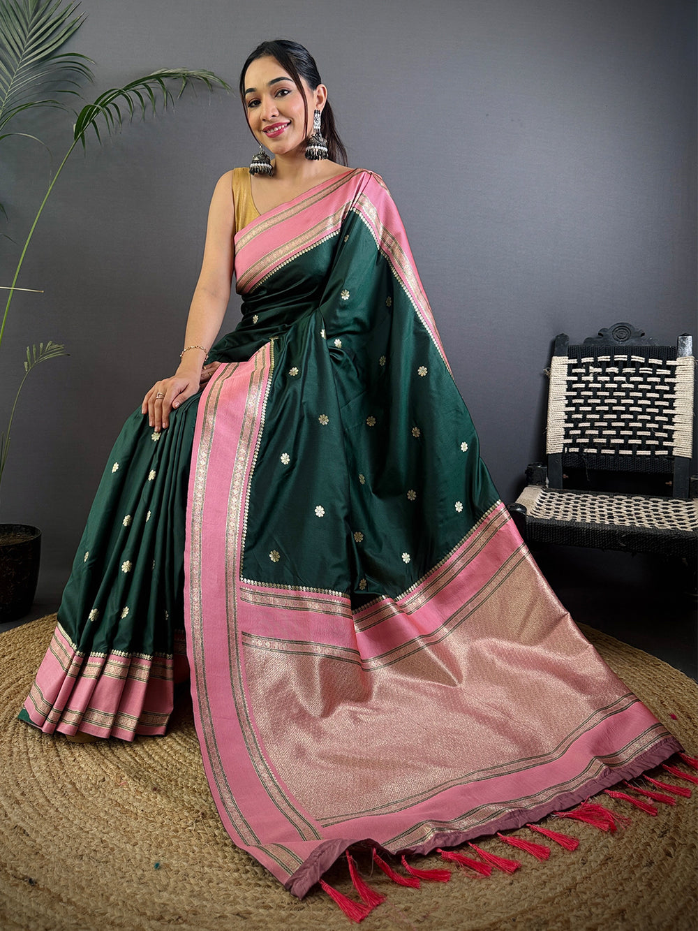 Dark Green Silk Saree with Pink Zari Border & Tassels