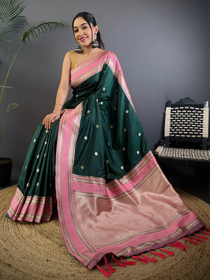 Dark Green Silk Saree with Pink Zari Border & Tassels