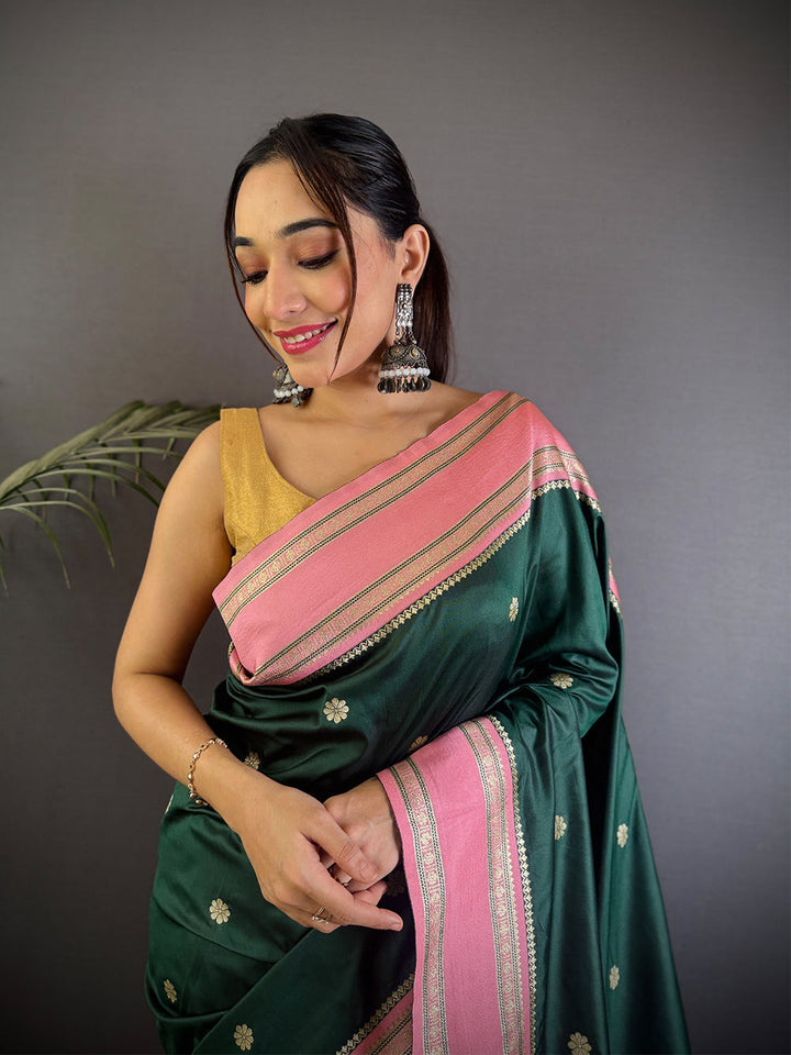 Dark Green Silk Saree with Pink Zari Border & Tassels