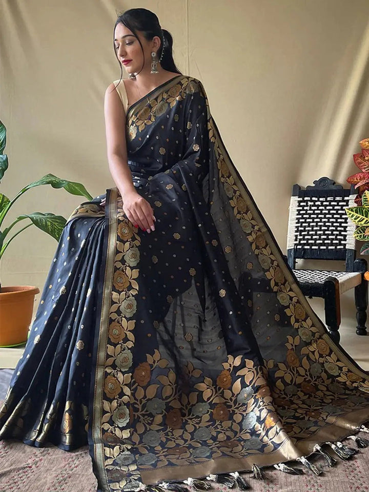 Black Soft Silk Saree with Gold Zari Floral Border & Butta Weaving