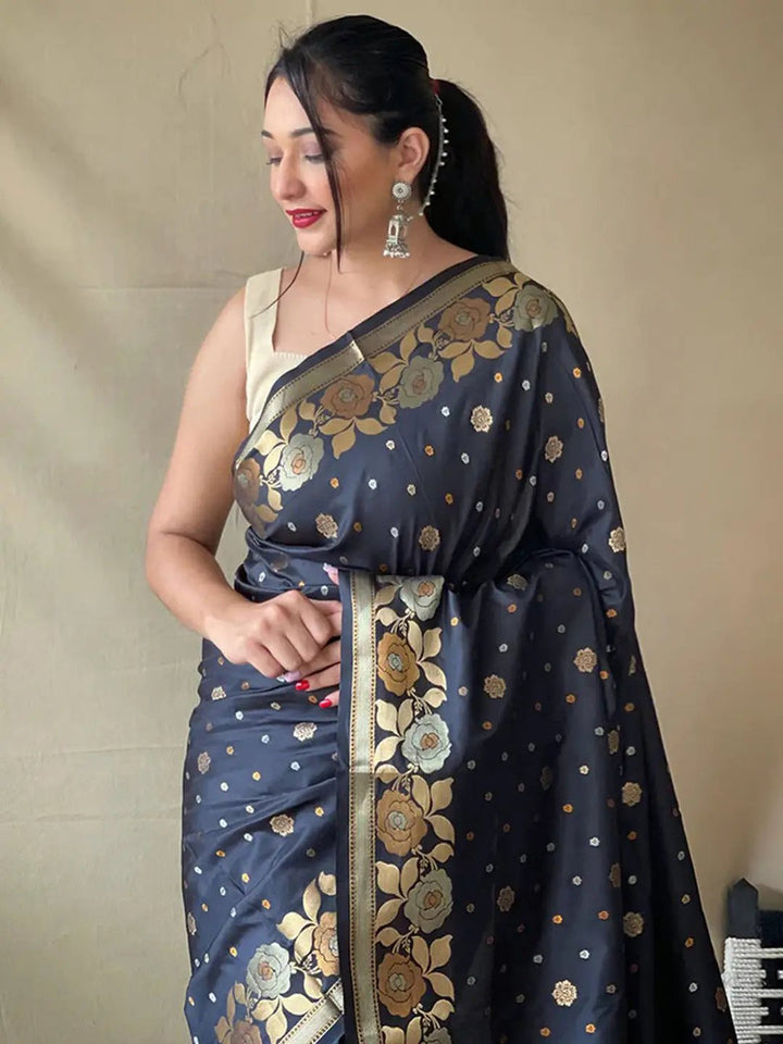 Black Soft Silk Saree with Gold Zari Floral Border & Butta Weaving