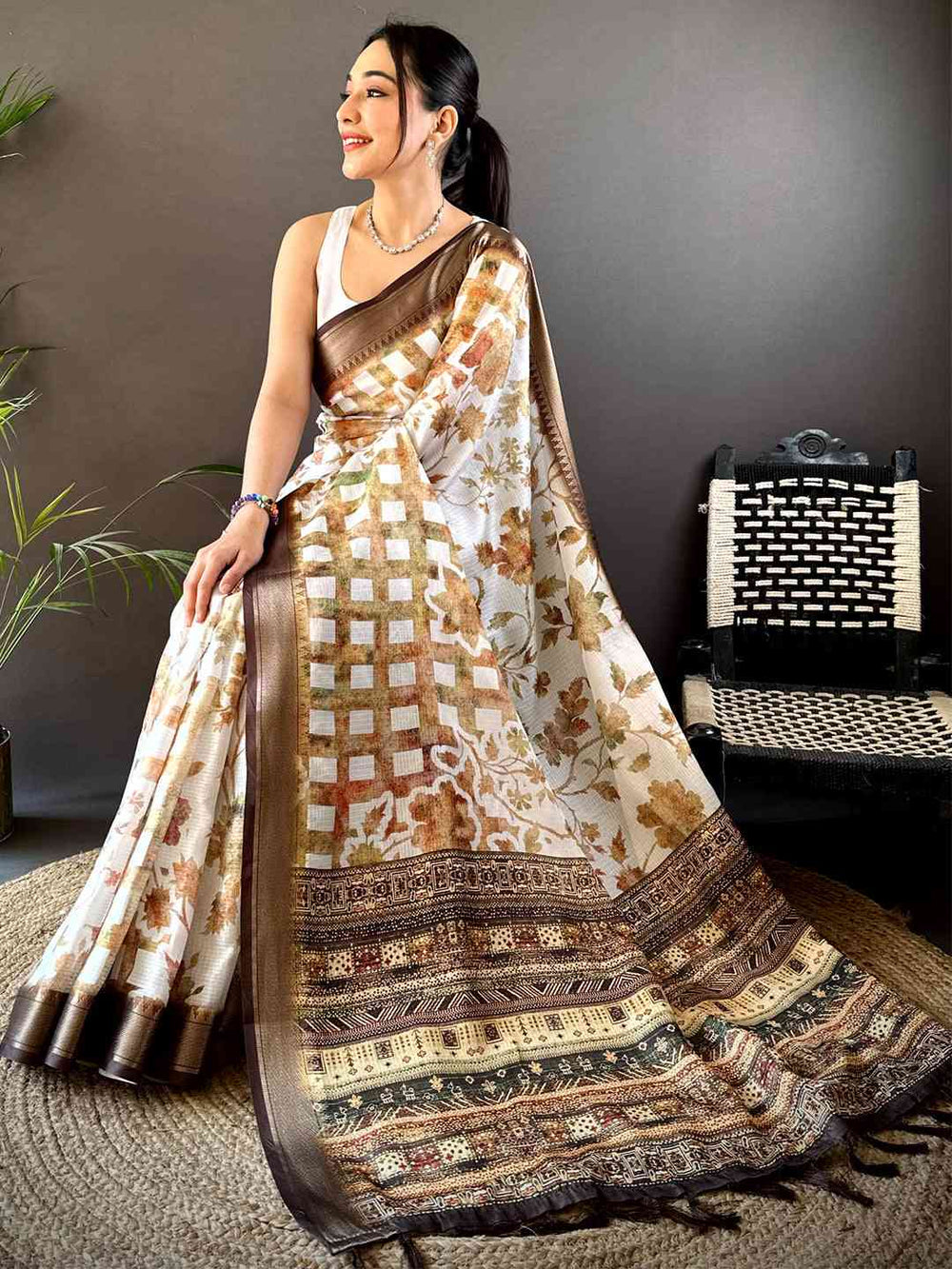 White Soft Silk Saree with Brown Floral Print & Designer Zari Border