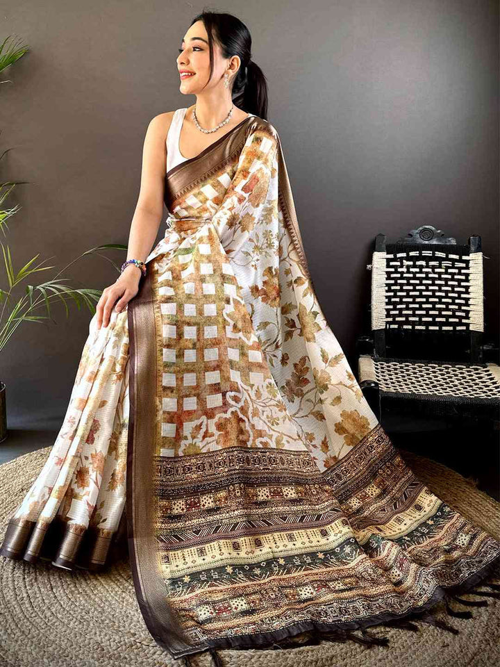 White Soft Silk Saree with Brown Floral Print & Designer Zari Border