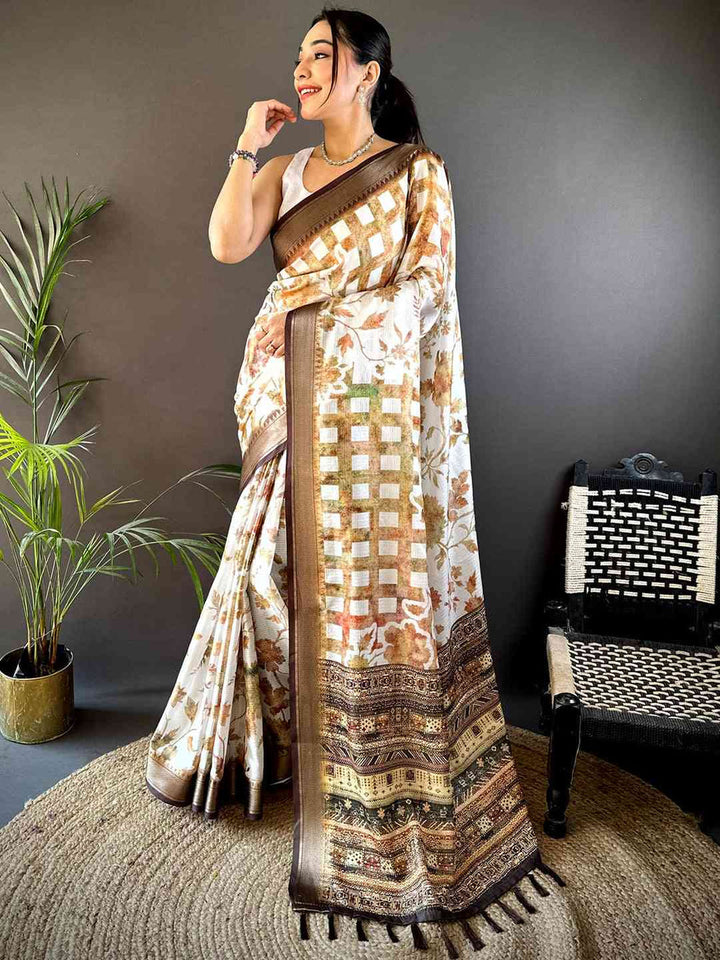 White Soft Silk Saree with Brown Floral Print & Designer Zari Border