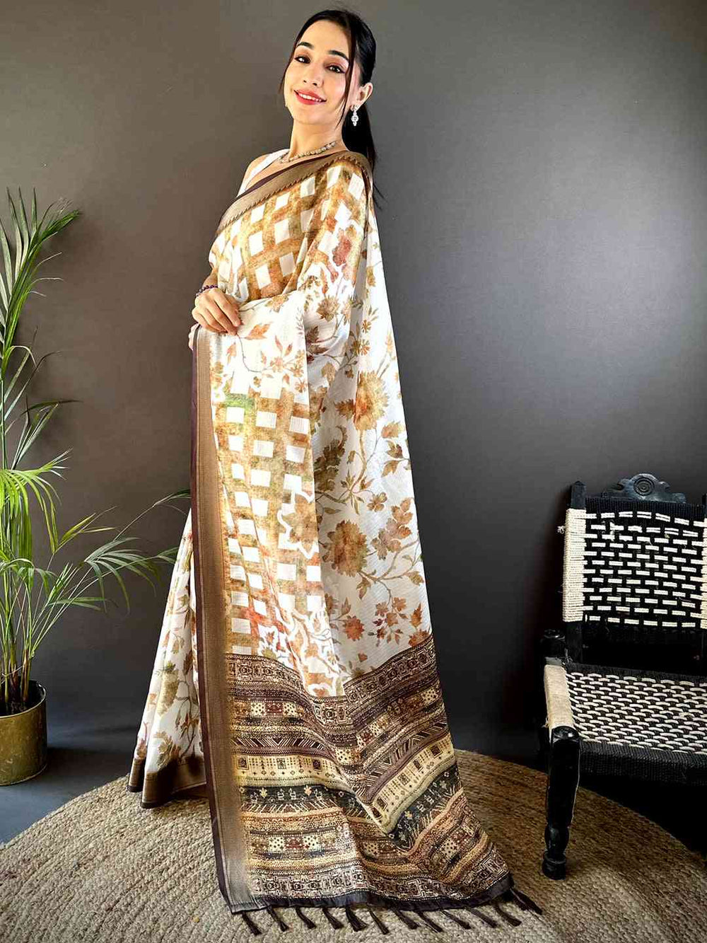 White Soft Silk Saree with Brown Floral Print & Designer Zari Border
