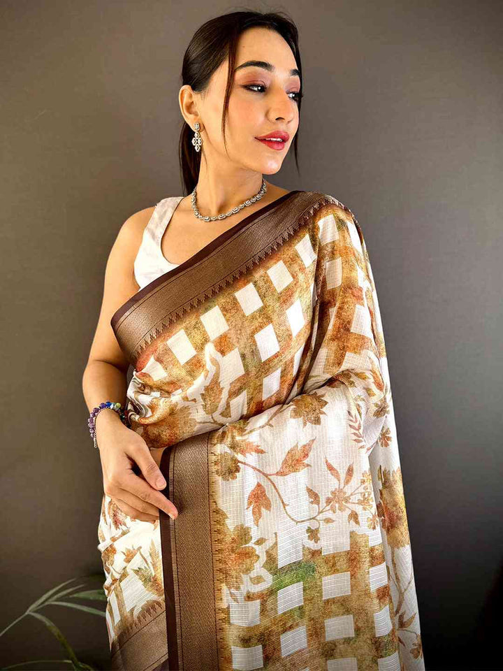 White Soft Silk Saree with Brown Floral Print & Designer Zari Border