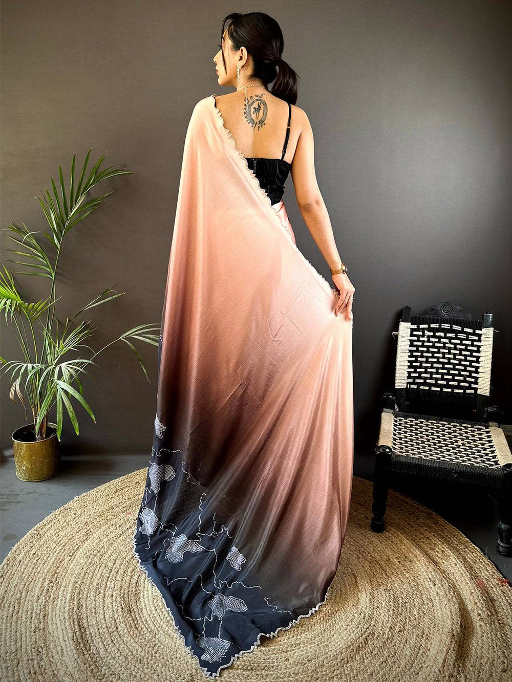 Peach & Black Soft Georgette Saree with Abstract Floral Print