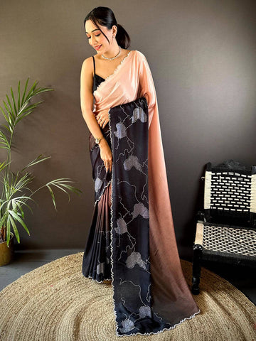 Peach & Black Soft Georgette Saree with Abstract Floral Print