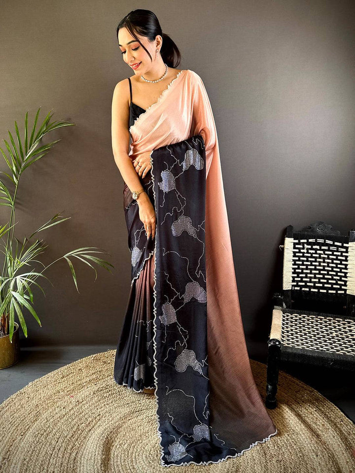 Peach & Black Soft Georgette Saree with Abstract Floral Print