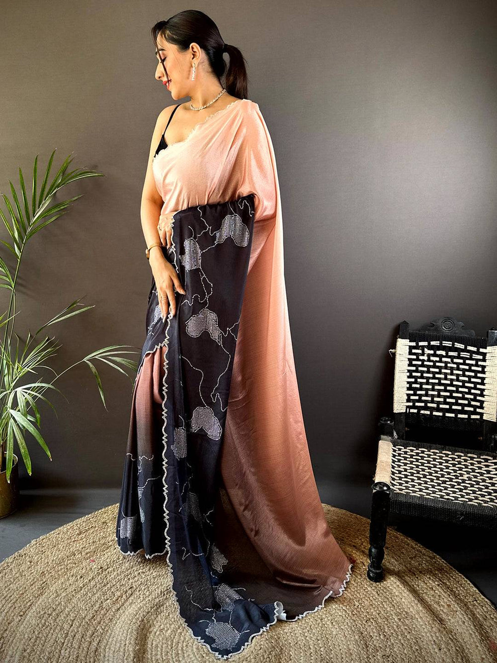 Peach & Black Soft Georgette Saree with Abstract Floral Print