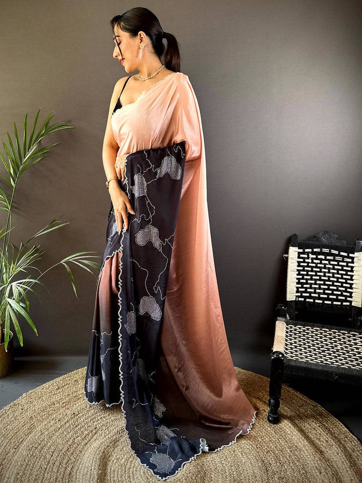 Peach & Black Soft Georgette Saree with Abstract Floral Print