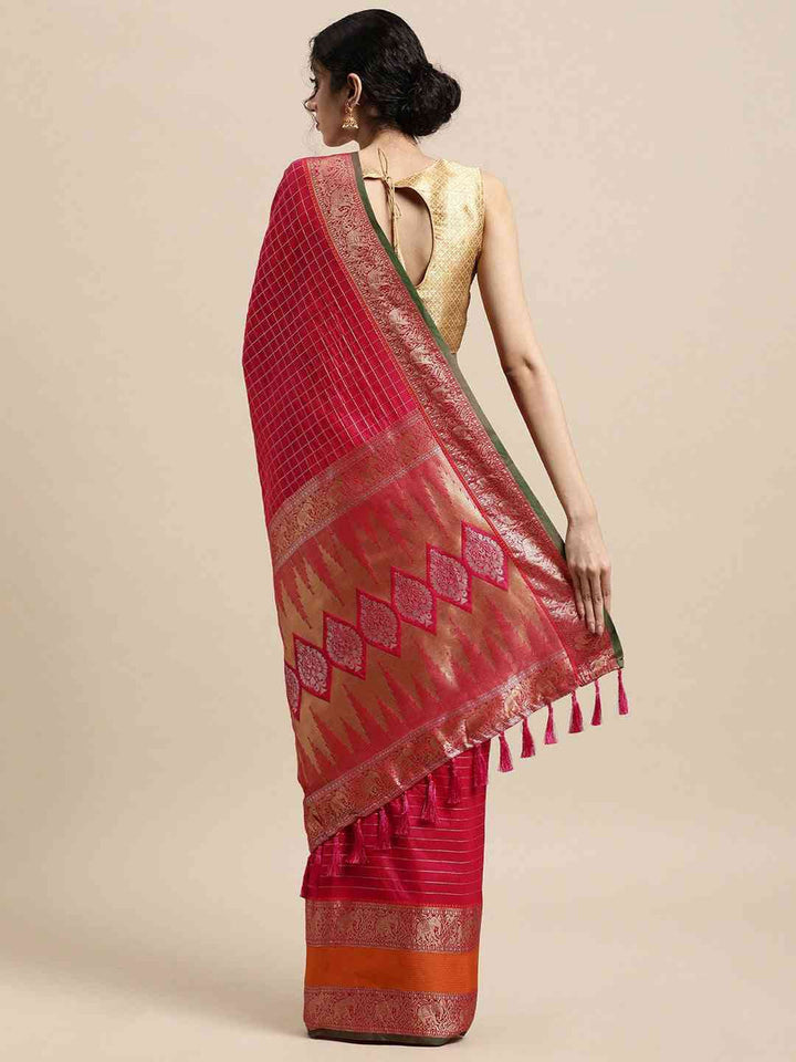 Rani Pink Banarasi Silk Saree with Gold Zari Check Pattern & Contrast Orange Border