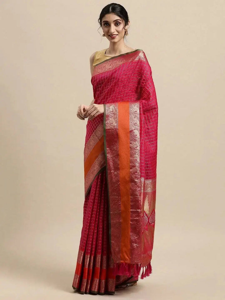 Rani Pink Banarasi Silk Saree with Gold Zari Check Pattern & Contrast Orange Border
