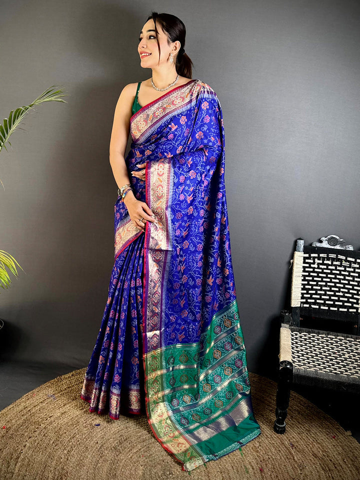 Royal Blue Banarasi Silk Saree with Green Contrast Pallu & Gold Zari Weaving