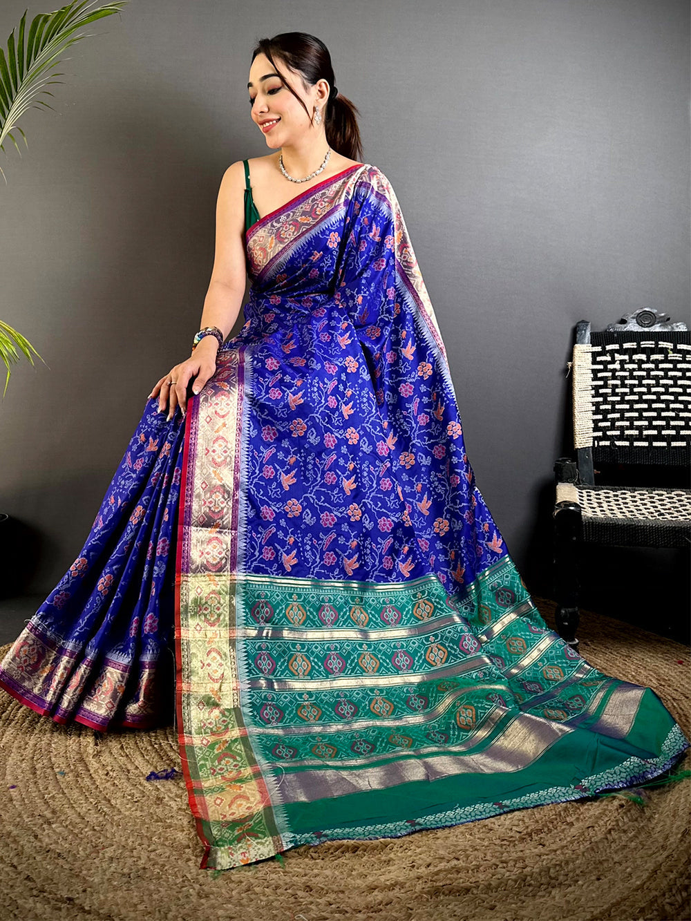 Royal Blue Banarasi Silk Saree with Green Contrast Pallu & Gold Zari Weaving