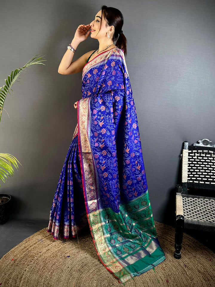 Royal Blue Banarasi Silk Saree with Green Contrast Pallu & Gold Zari Weaving