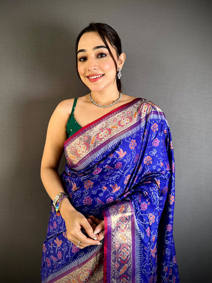 Royal Blue Banarasi Silk Saree with Green Contrast Pallu & Gold Zari Weaving