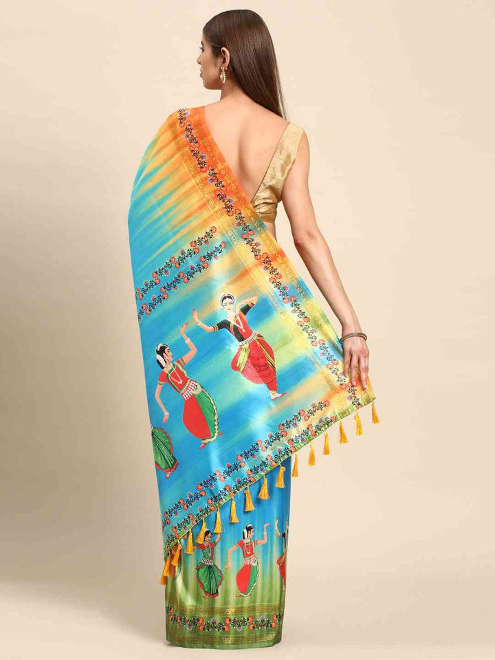 Blue & Green Soft Silk Saree with Gujarati Dance Print & Festive Tassel Pallu
