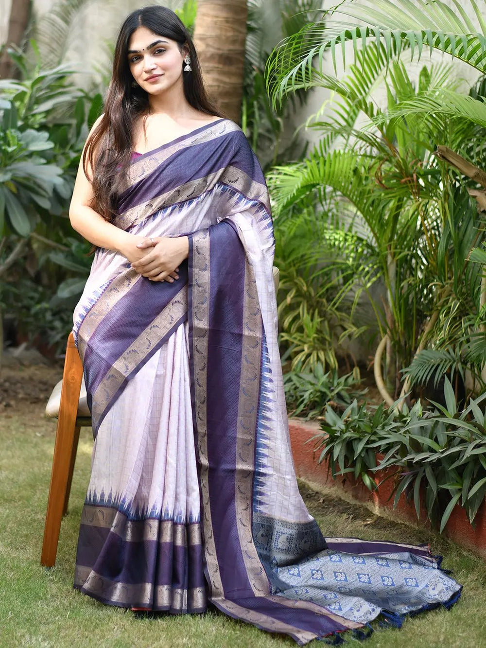 Purple & White Soft Silk Saree with Woven Zari Border and Contrast Blue Pallu