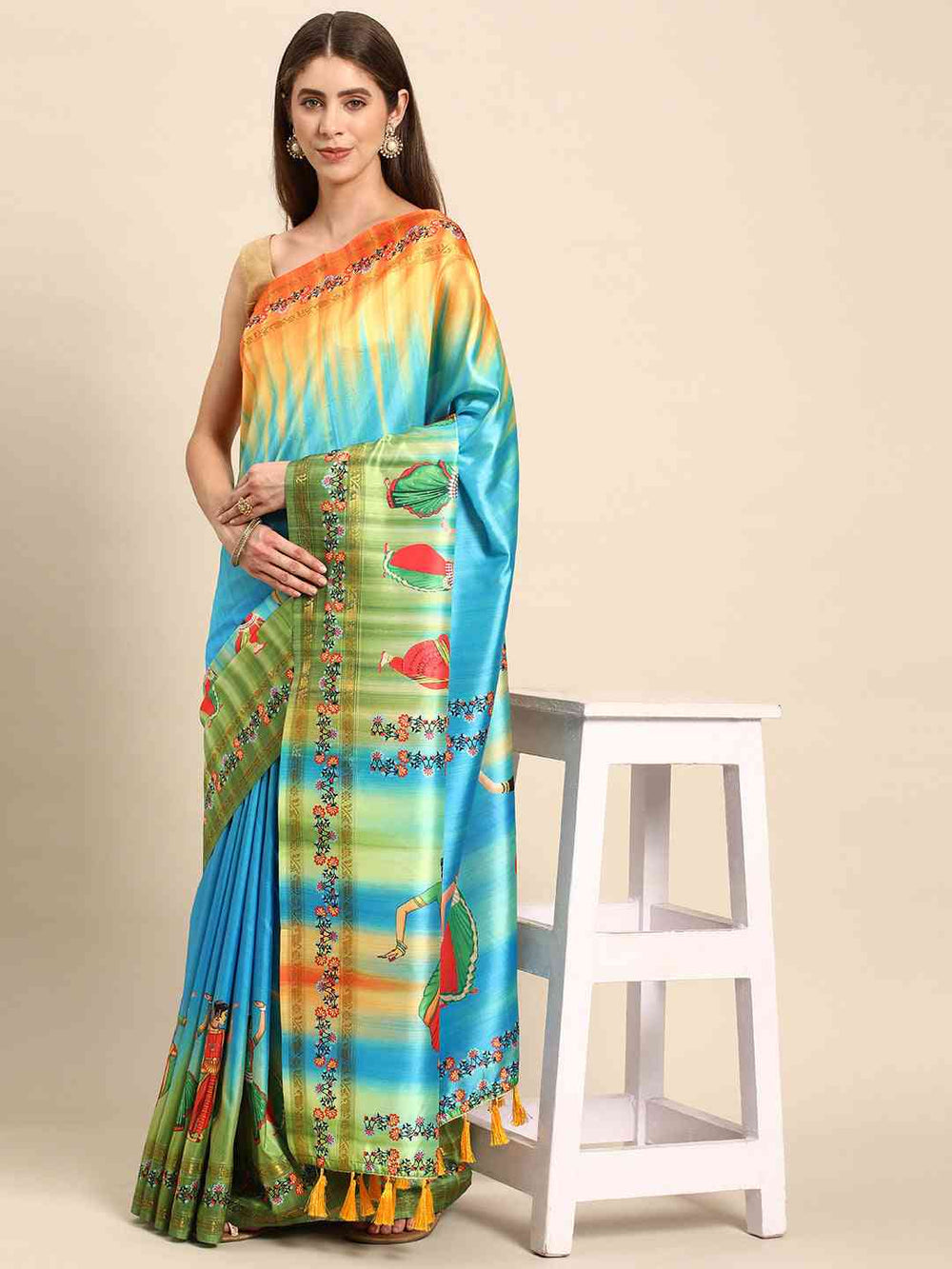 Blue & Green Soft Silk Saree with Gujarati Dance Print & Festive Tassel Pallu