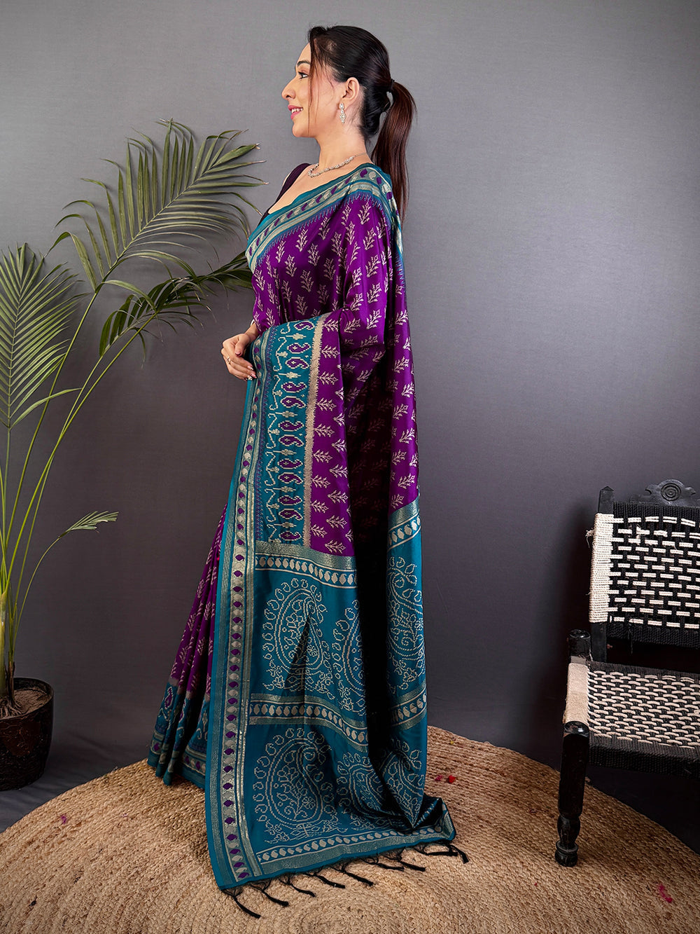 Purple & Teal Patola Print Silk Saree with Zari Border and Tassel Pallu