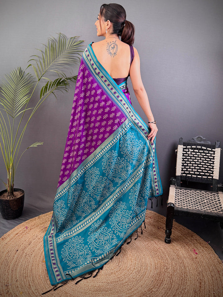 Purple & Teal Patola Print Silk Saree with Zari Border and Tassel Pallu