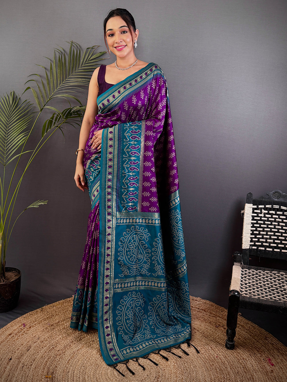 Purple & Teal Patola Print Silk Saree with Zari Border and Tassel Pallu
