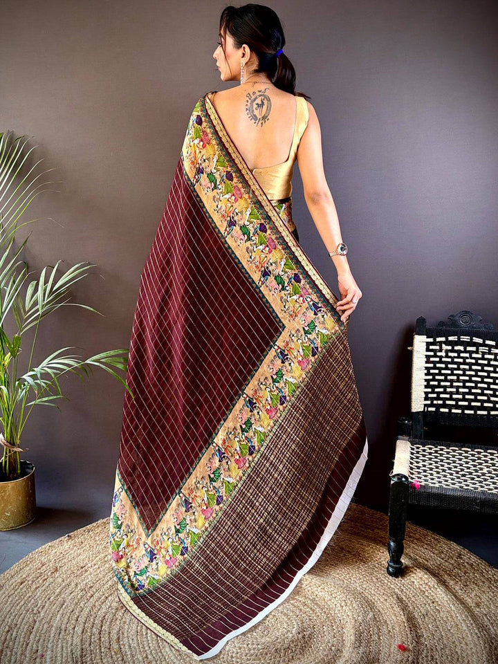 Maroon Soft Silk Saree with Golden Kalamkari Print Border & Checked Weave