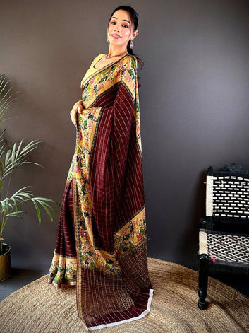 Maroon Soft Silk Saree with Golden Kalamkari Print Border & Checked Weave