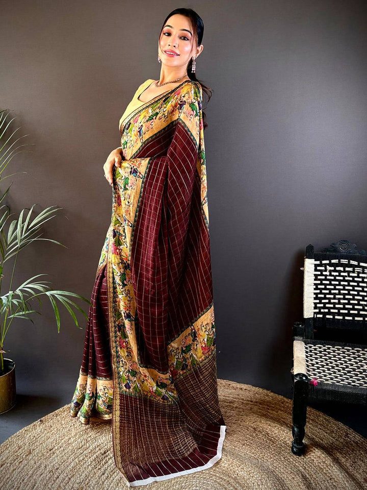 Maroon Soft Silk Saree with Golden Kalamkari Print Border & Checked Weave