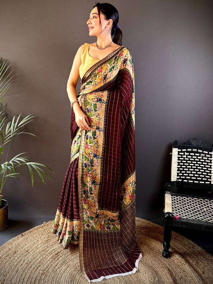 Maroon Soft Silk Saree with Golden Kalamkari Print Border & Checked Weave