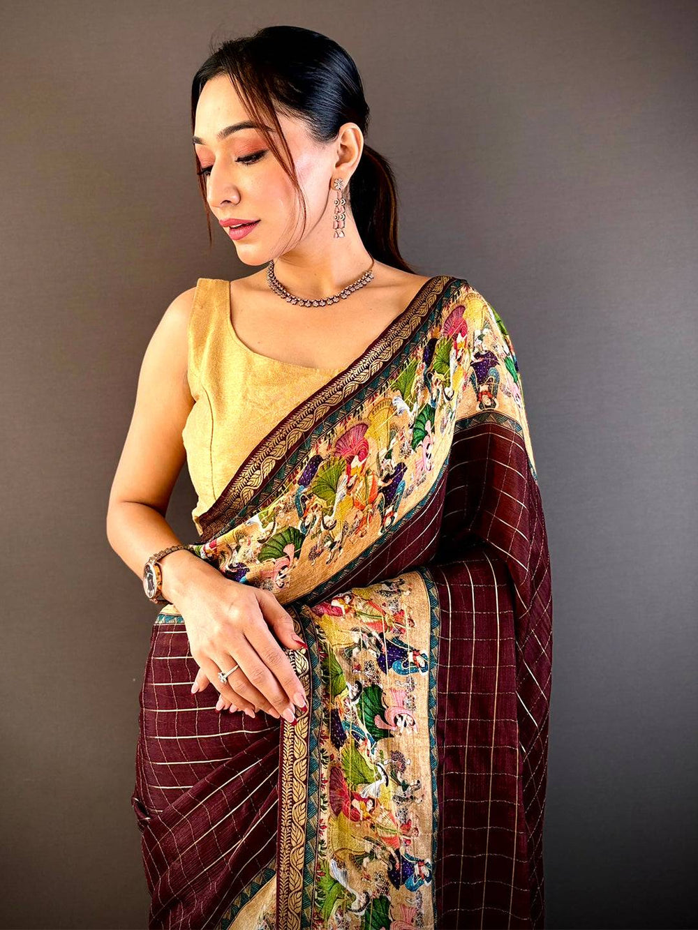 Maroon Soft Silk Saree with Golden Kalamkari Print Border & Checked Weave
