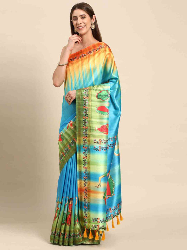 Blue & Green Soft Silk Saree with Gujarati Dance Print & Festive Tassel Pallu