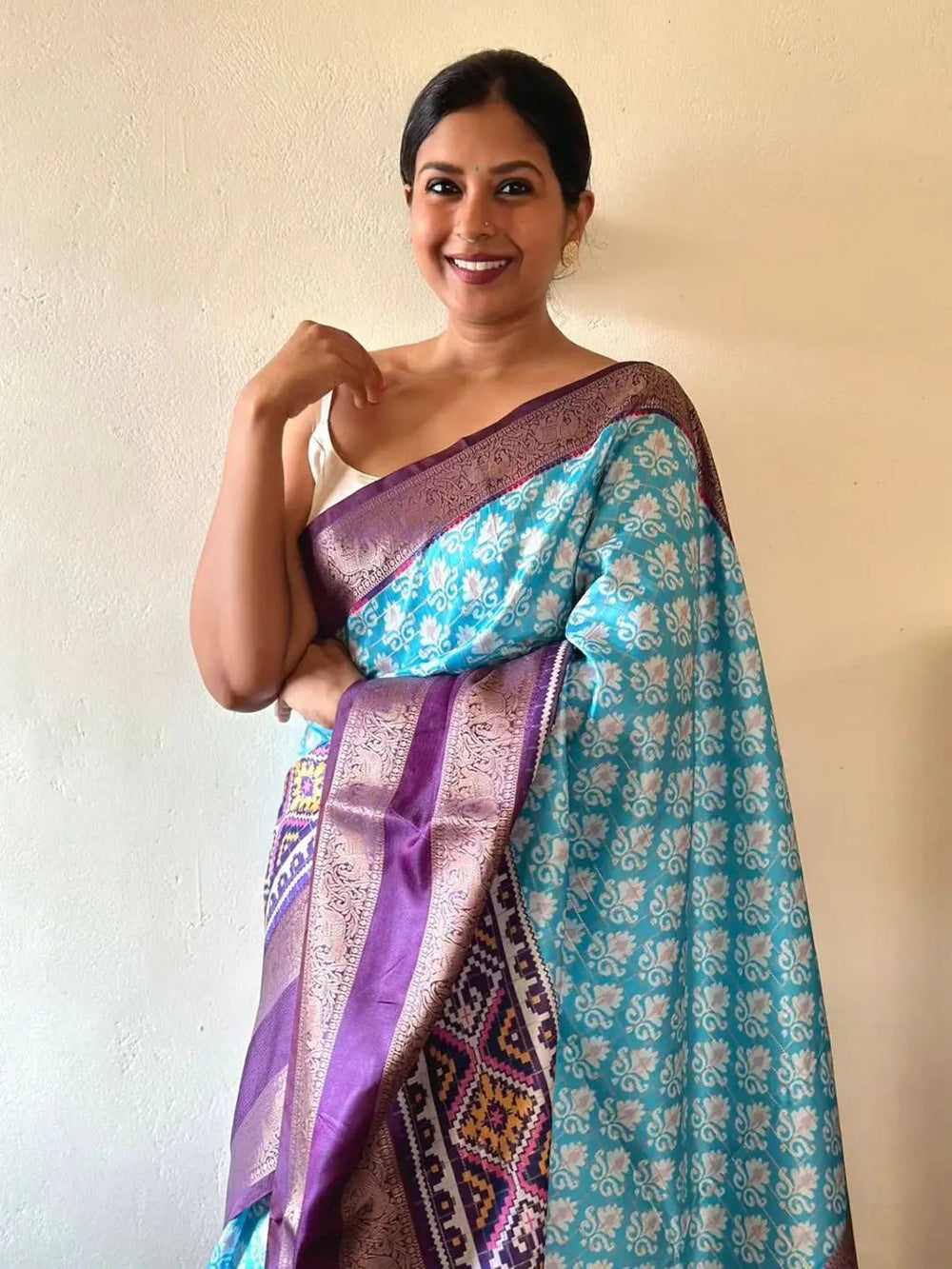 Aqua Blue Ikat Print Soft Silk Saree with Purple Zari Border & Designer Pallu