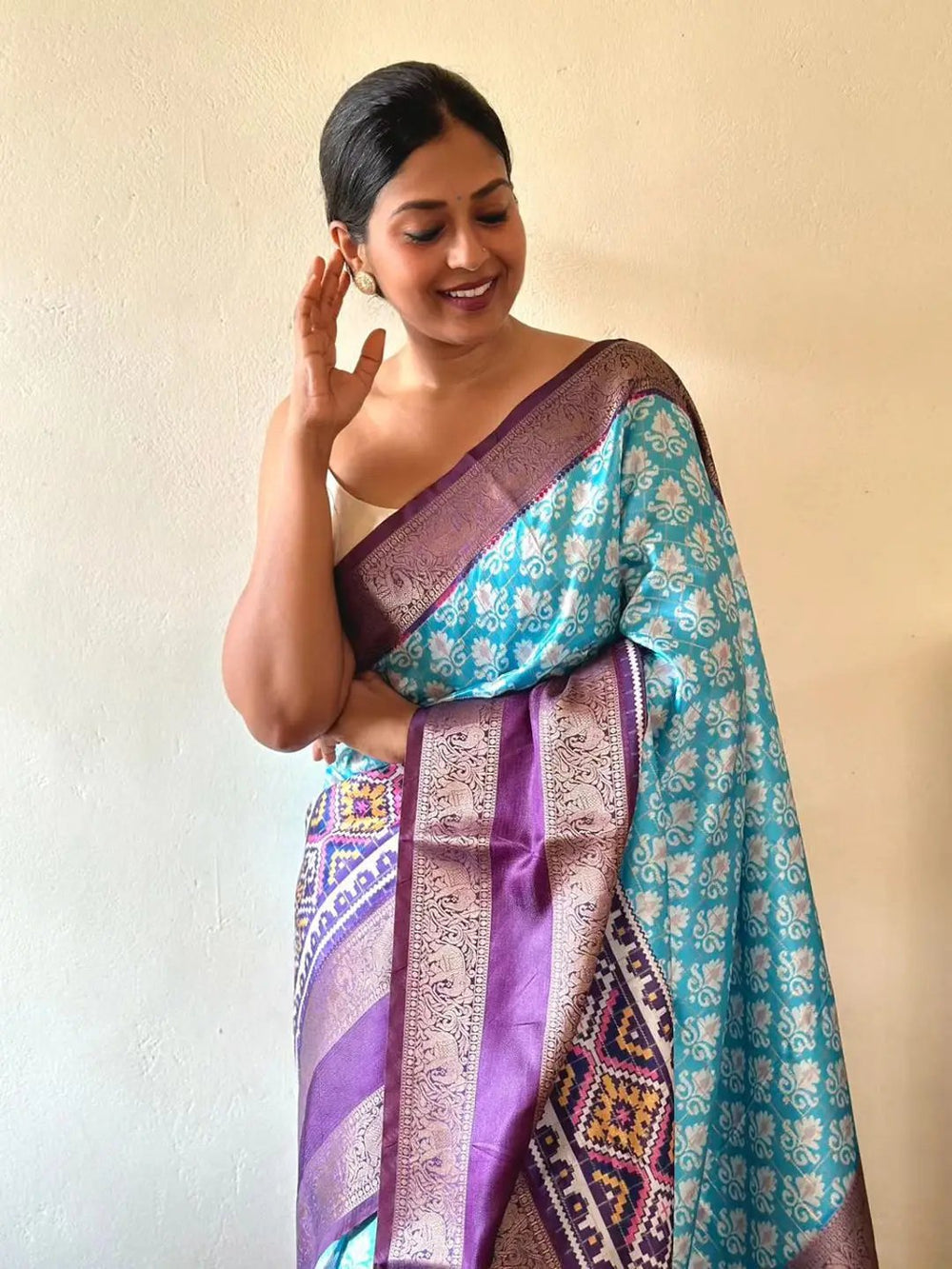 Aqua Blue Ikat Print Soft Silk Saree with Purple Zari Border & Designer Pallu