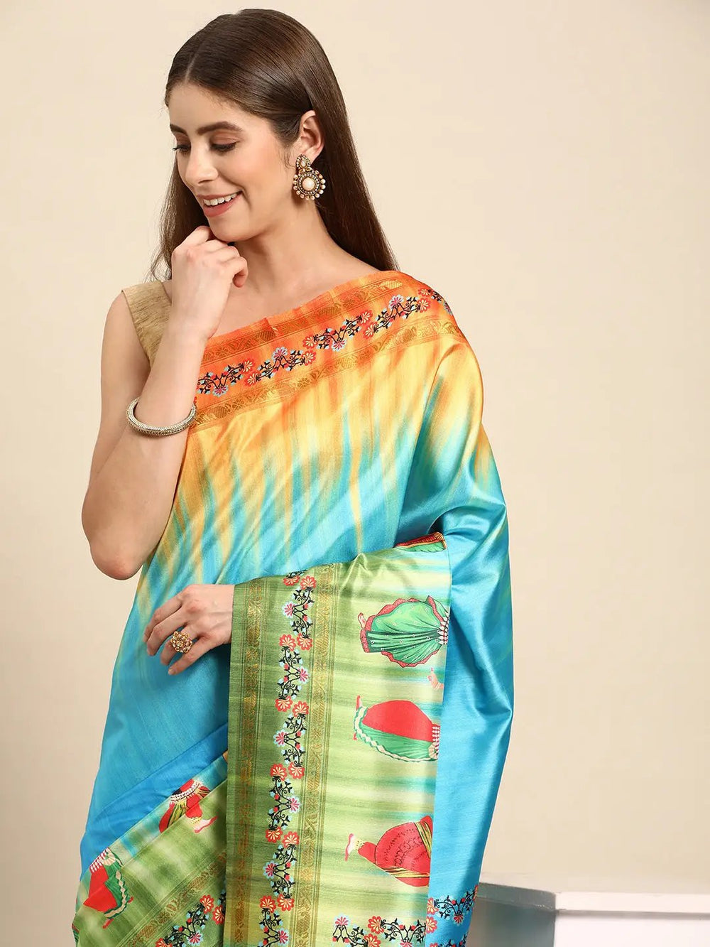 Blue & Green Soft Silk Saree with Gujarati Dance Print & Festive Tassel Pallu