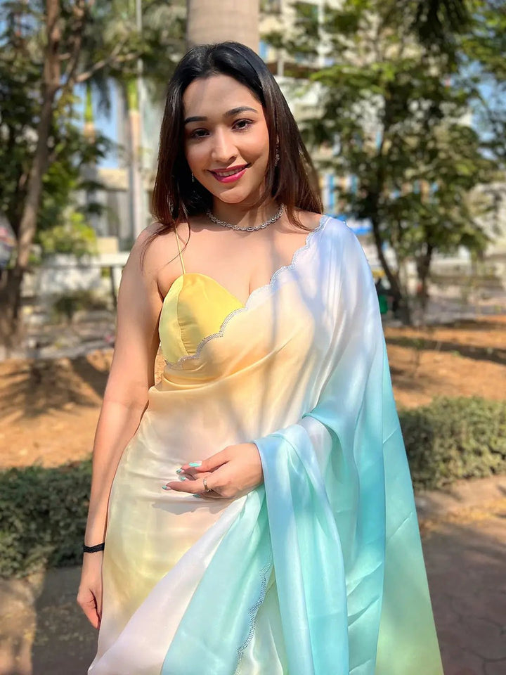 Pastel Ombre Satin Silk Saree in Yellow & Aqua Blue
