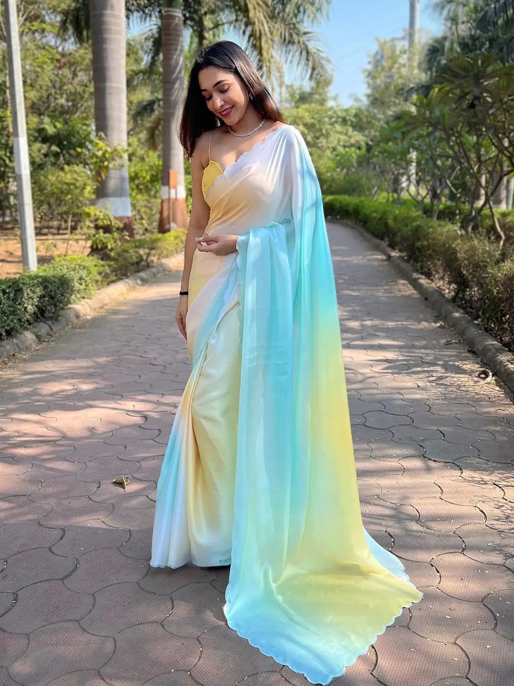 Pastel Ombre Satin Silk Saree in Yellow & Aqua Blue