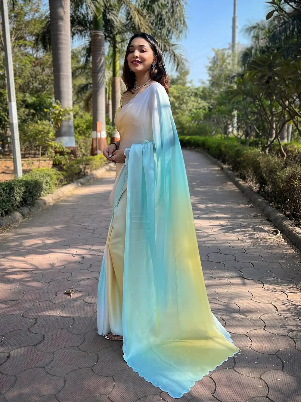 Pastel Ombre Satin Silk Saree in Yellow & Aqua Blue