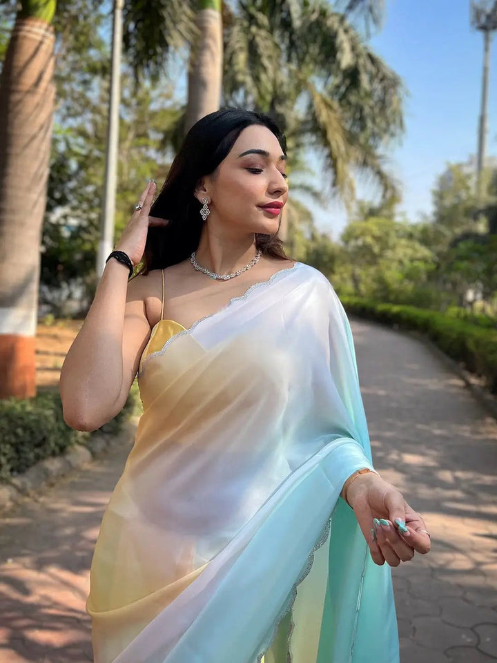 Pastel Ombre Satin Silk Saree in Yellow & Aqua Blue