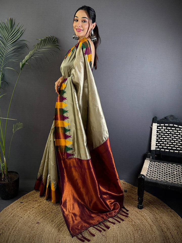 Gold Soft Silk Saree with Multicolor Temple Border & Maroon Zari Pallu