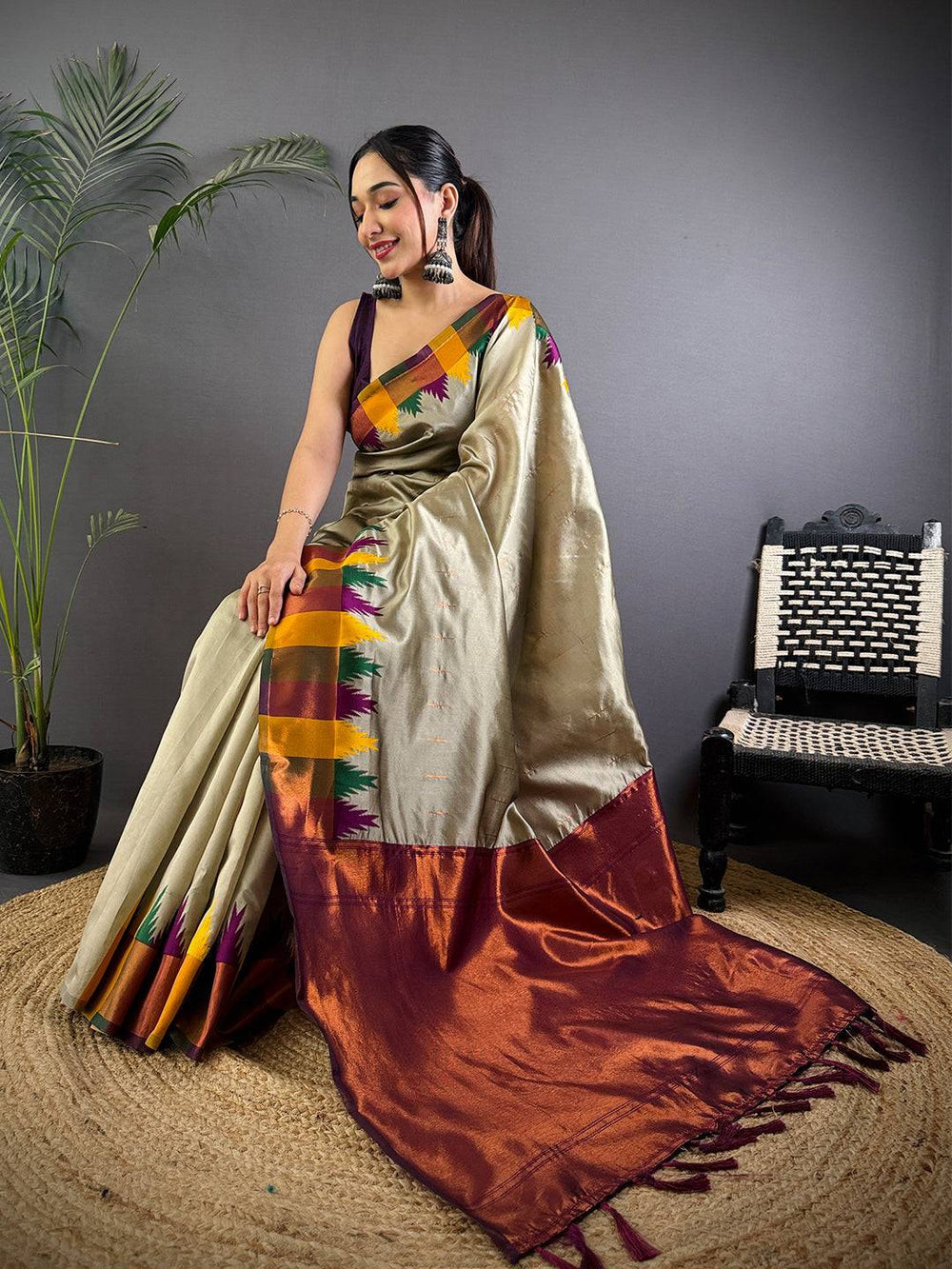 Gold Soft Silk Saree with Multicolor Temple Border & Maroon Zari Pallu